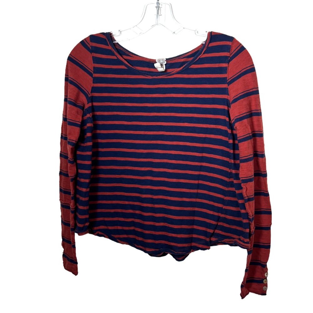 We The Free Burnt Orange & Navy Striped Long Sleeve 100% Cotton Top, Sz TP + XS